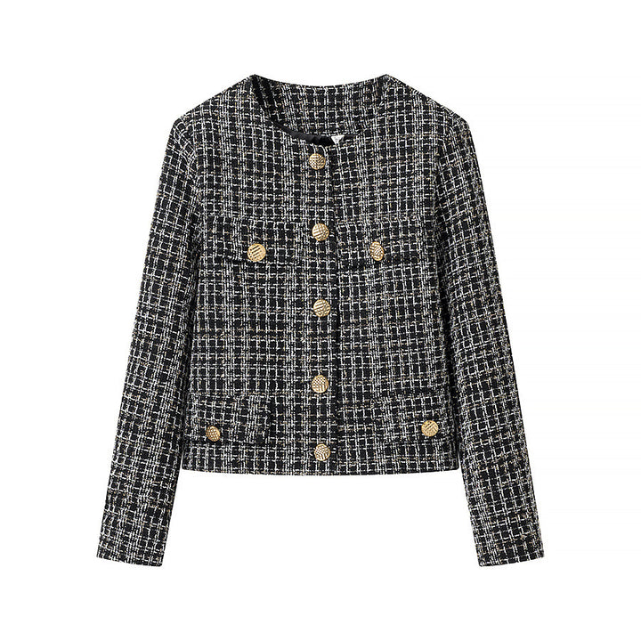 Damer elegant kort jacka i mode tweed-stil med gyllene knappr detaljer Eva Jonsson-Eva Jonsson