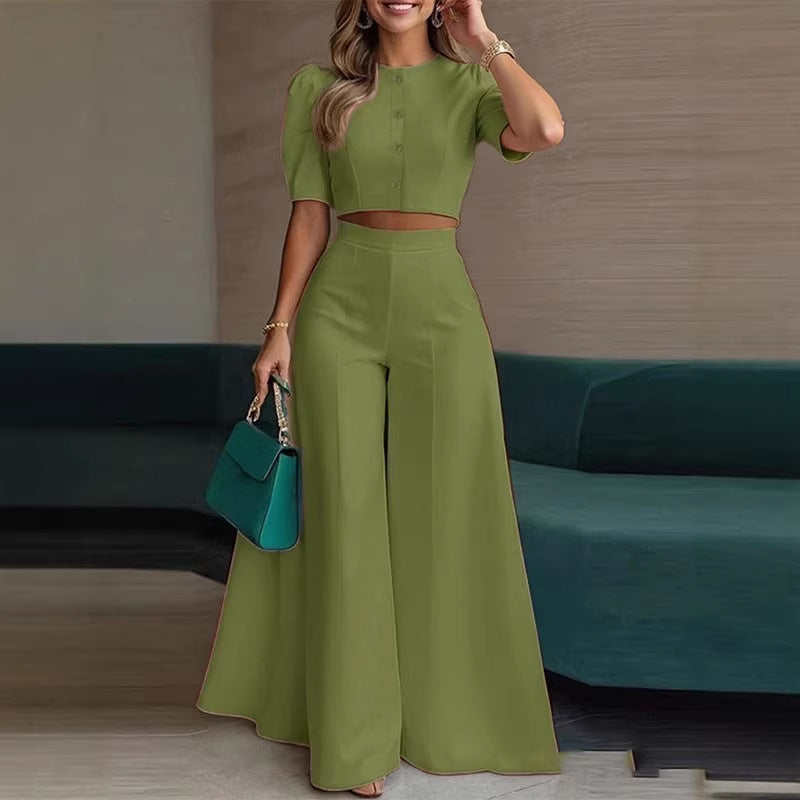 Damer elegant kort topp med puffärmar och högskurna palazzobyxor Mirla-Eva Jonsson
