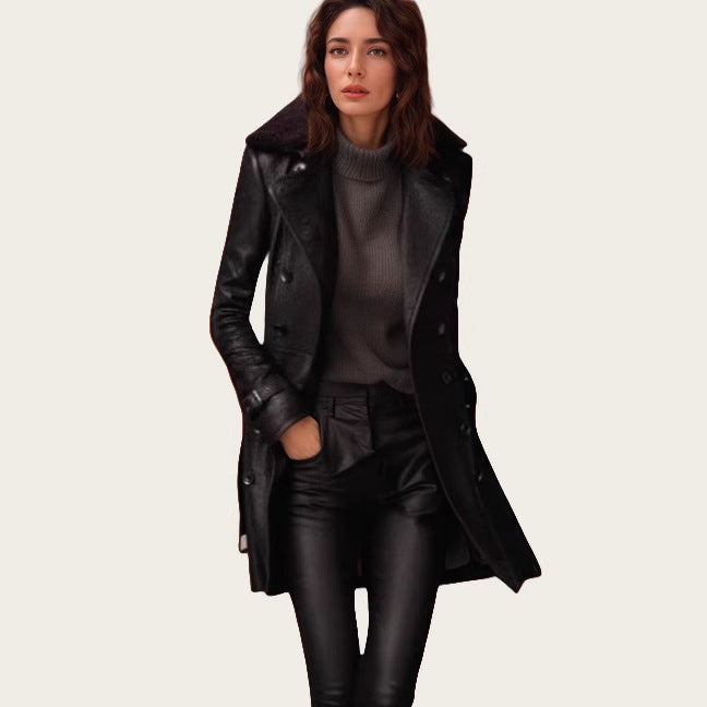 Damer elegant läder trenchcoat med stängbar krage och raffinerade detaljer Eva Jonsson-Eva Jonsson