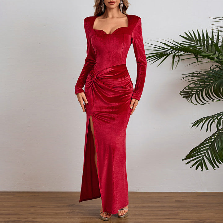 Damer elegant långärmad aftonklänning med hög slits och volangdetaljer Mirla-Eva Jonsson