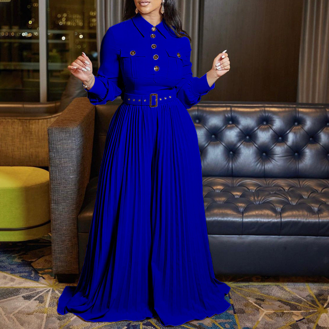 Damer elegant långärmad jumpsuit med figursydd bälte och plisserad design Mirla-Eva Jonsson