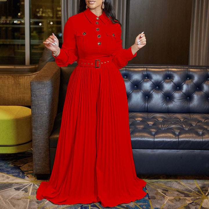 Damer elegant långärmad jumpsuit med figursydd bälte och plisserad design Mirla-Eva Jonsson