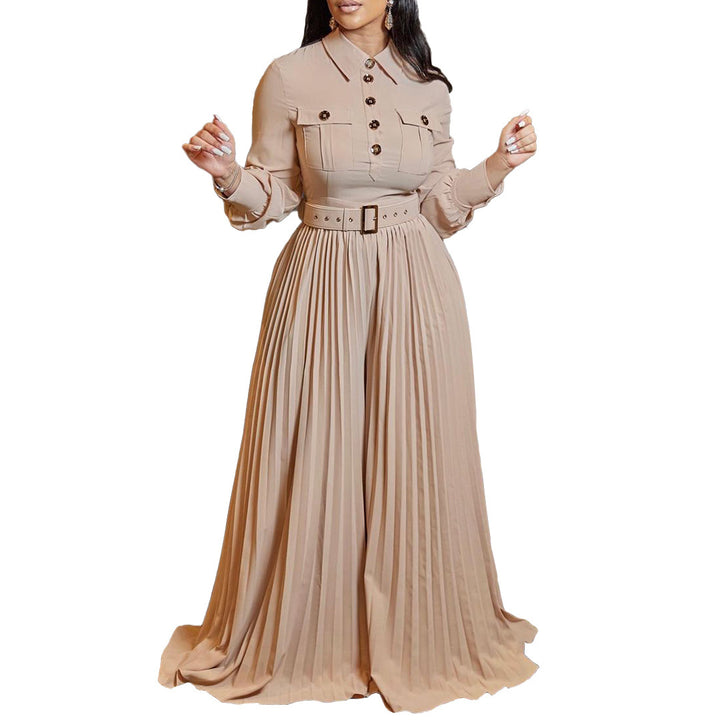 Damer elegant långärmad jumpsuit med figursydd bälte och plisserad design Mirla-Eva Jonsson