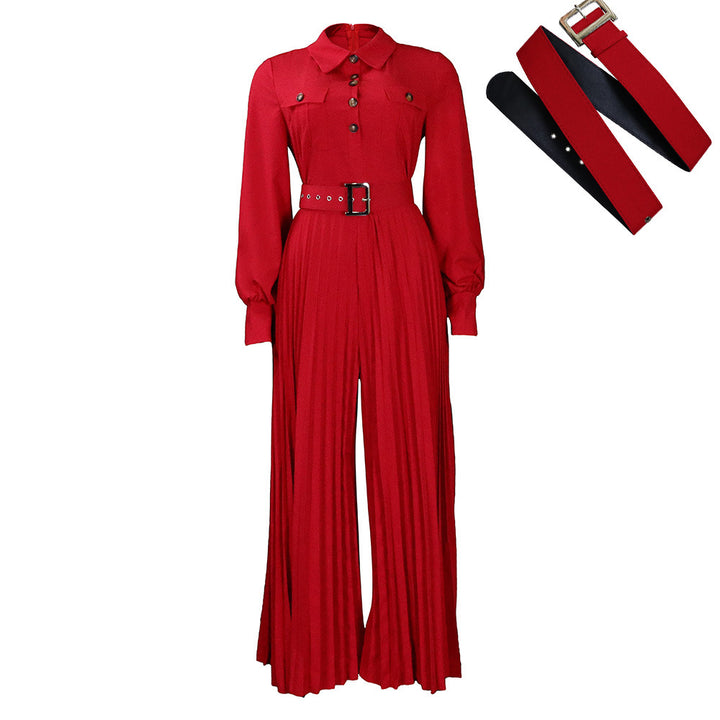 Damer elegant långärmad jumpsuit med figursydd bälte och plisserad design Mirla-Eva Jonsson