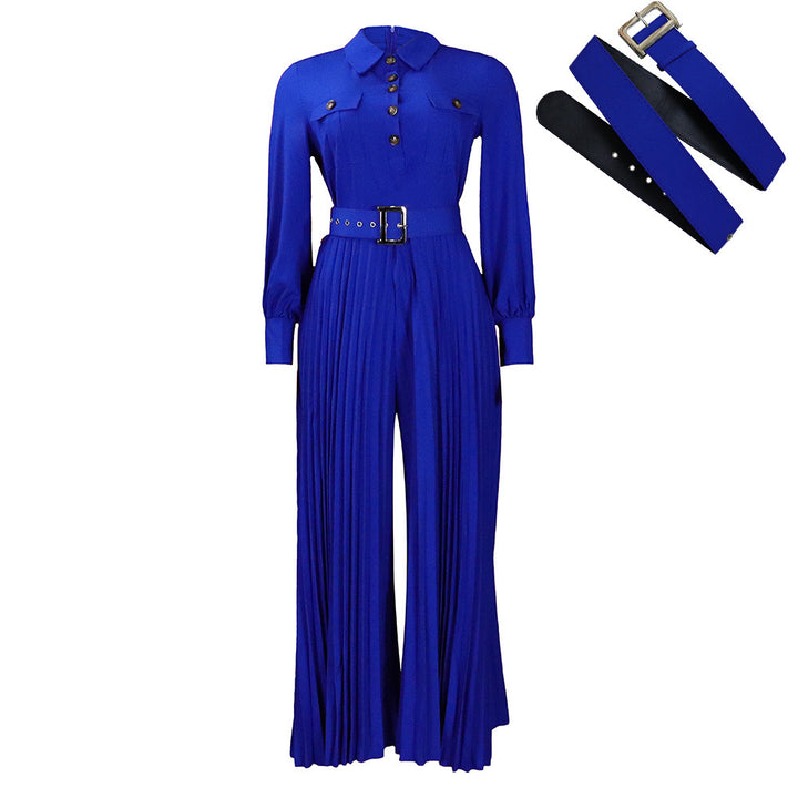 Damer elegant långärmad jumpsuit med figursydd bälte och plisserad design Mirla-Eva Jonsson