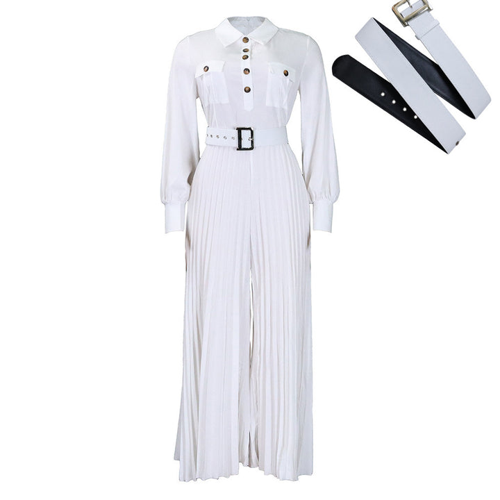 Damer elegant långärmad jumpsuit med figursydd bälte och plisserad design Mirla-Eva Jonsson