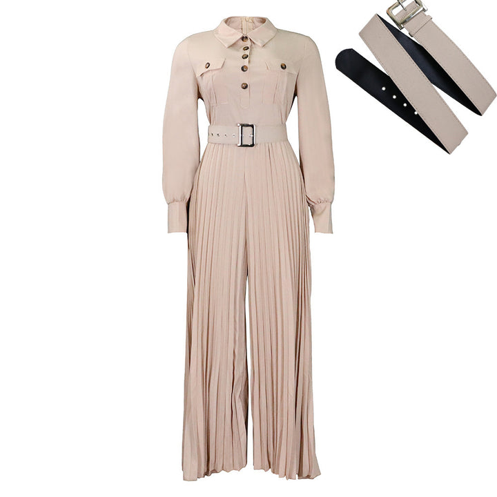 Damer elegant långärmad jumpsuit med figursydd bälte och plisserad design Mirla-Eva Jonsson