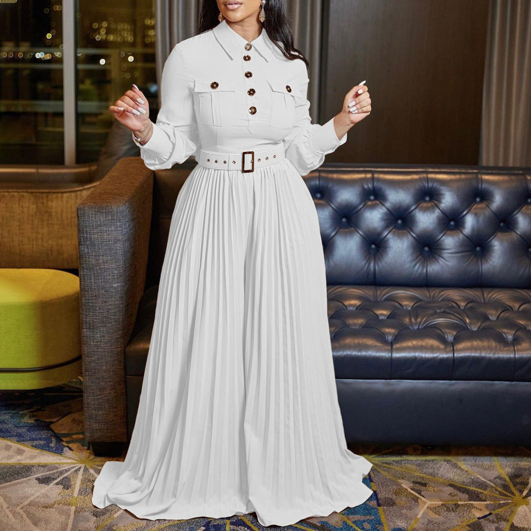 Damer elegant långärmad jumpsuit med figursydd bälte och plisserad design Mirla-Eva Jonsson