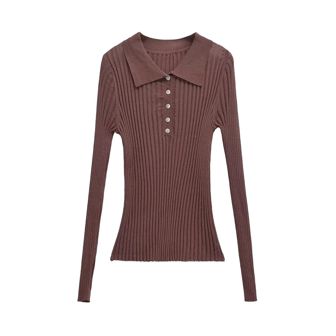 Damer elegant långärmad ribböverdel med polokrage och knappdetaljer Mirla-Eva Jonsson