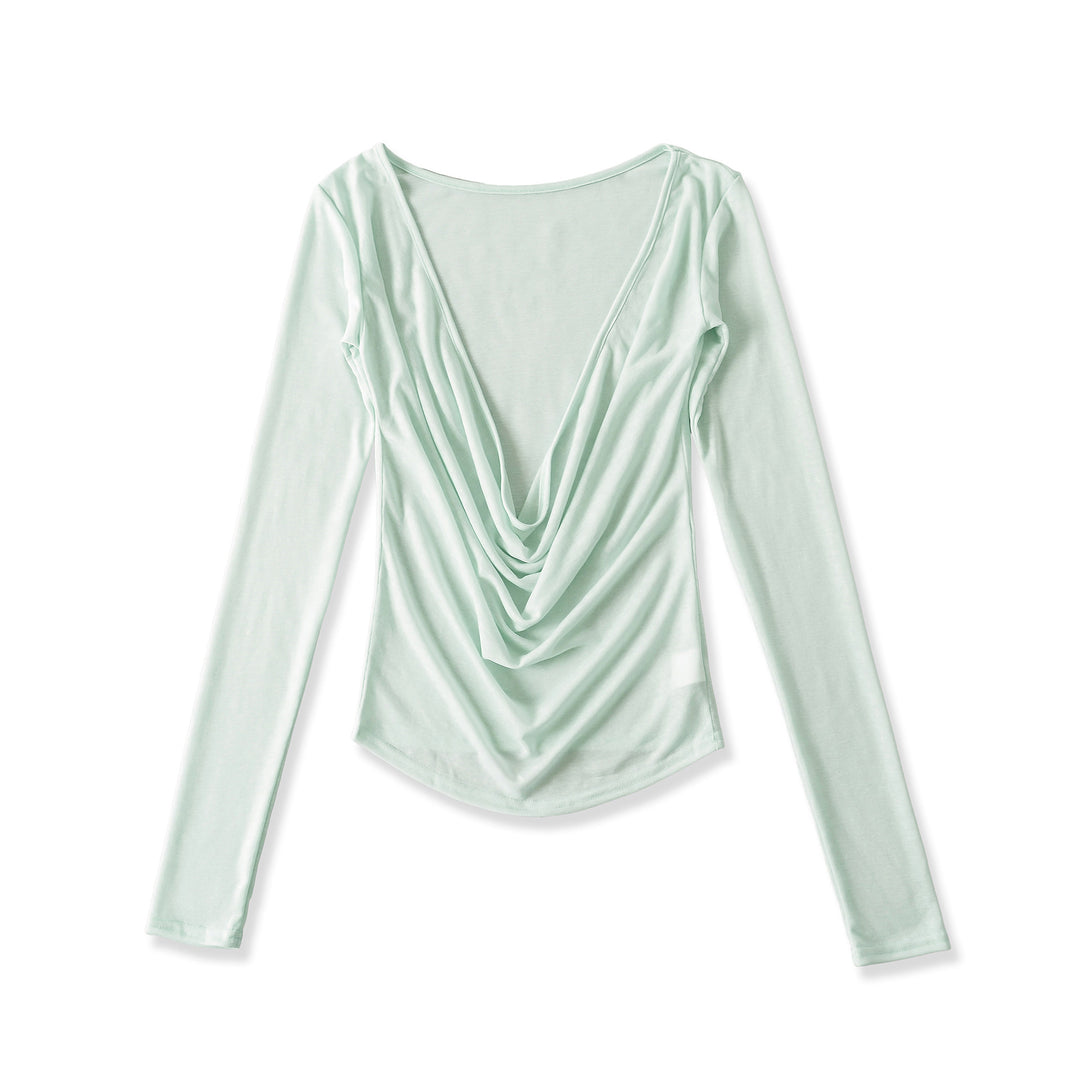 Damer elegant långärmad topp med djup V-ringning och drapering Mirla-Eva Jonsson