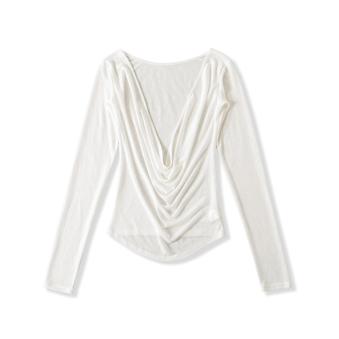 Damer elegant långärmad topp med djup V-ringning och drapering Mirla-Eva Jonsson