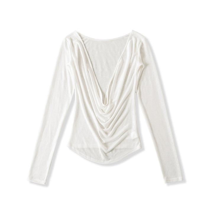 Damer elegant långärmad topp med djup V-ringning och drapering Mirla-Eva Jonsson