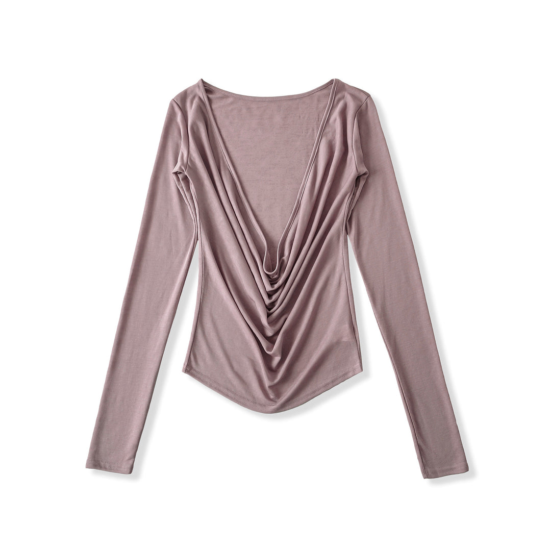 Damer elegant långärmad topp med djup V-ringning och drapering Mirla-Eva Jonsson