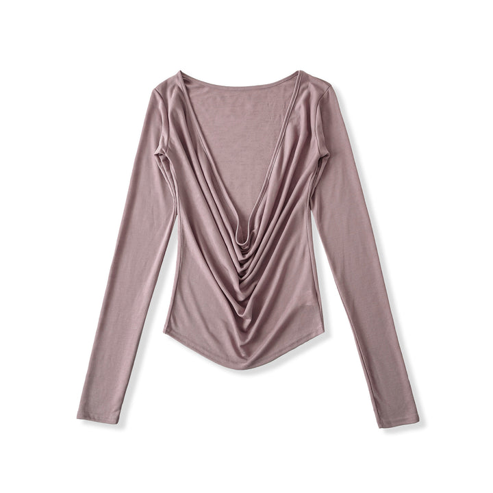 Damer elegant långärmad topp med djup V-ringning och drapering Mirla-Eva Jonsson
