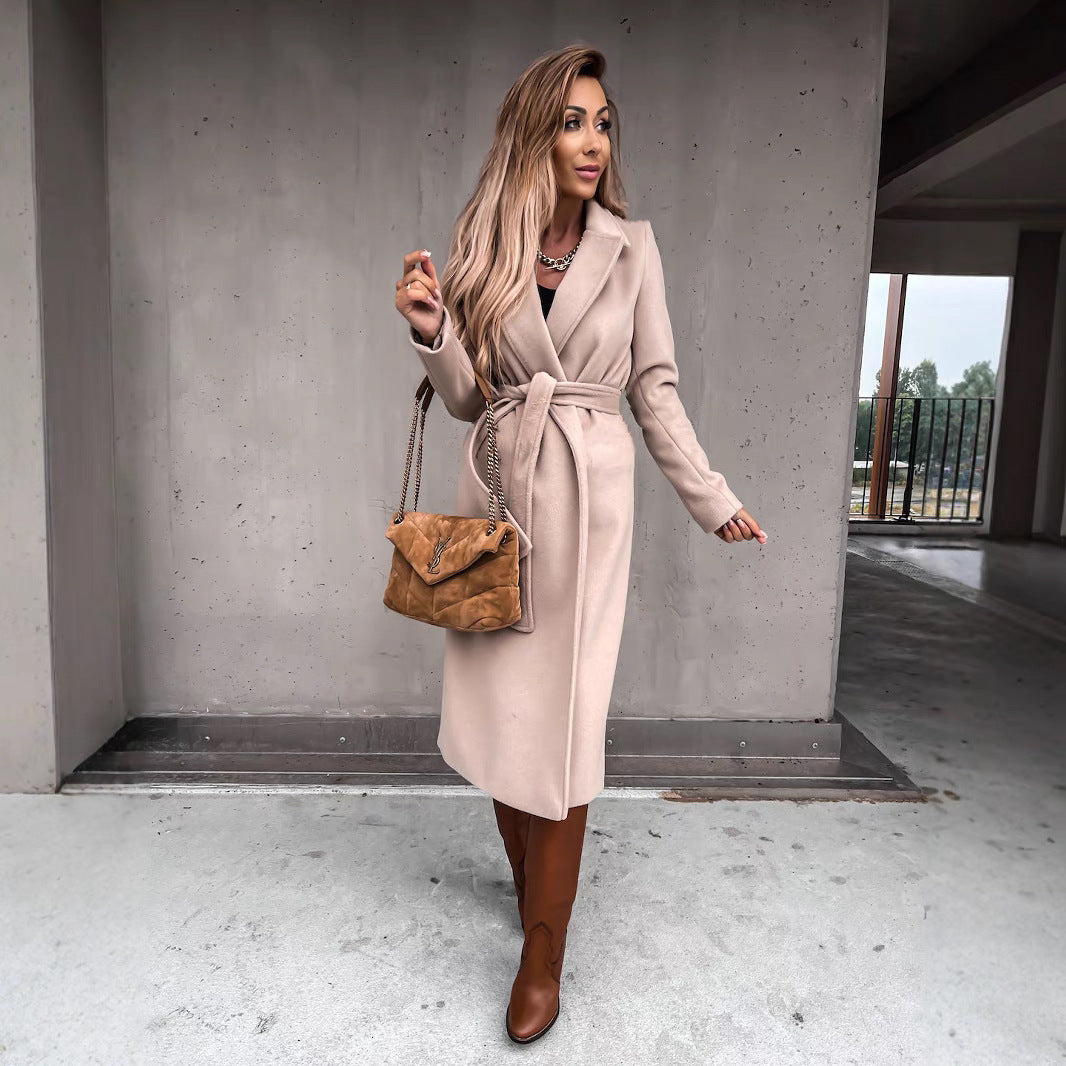 Damer elegant långärmad ullkappa med midjebälte Mirla-Eva Jonsson