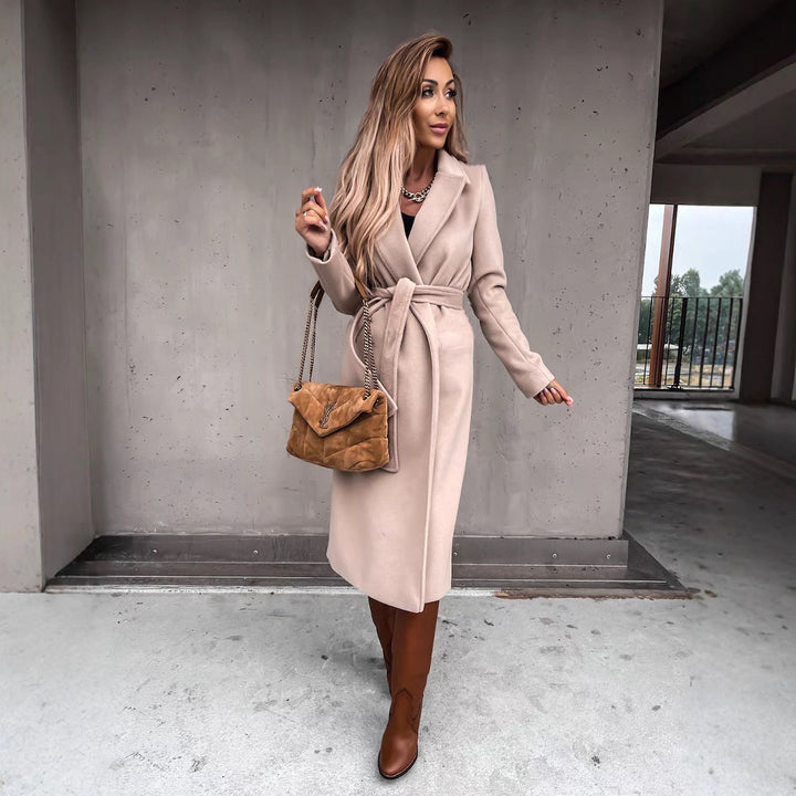 Damer elegant långärmad ullkappa med midjebälte Mirla-Eva Jonsson