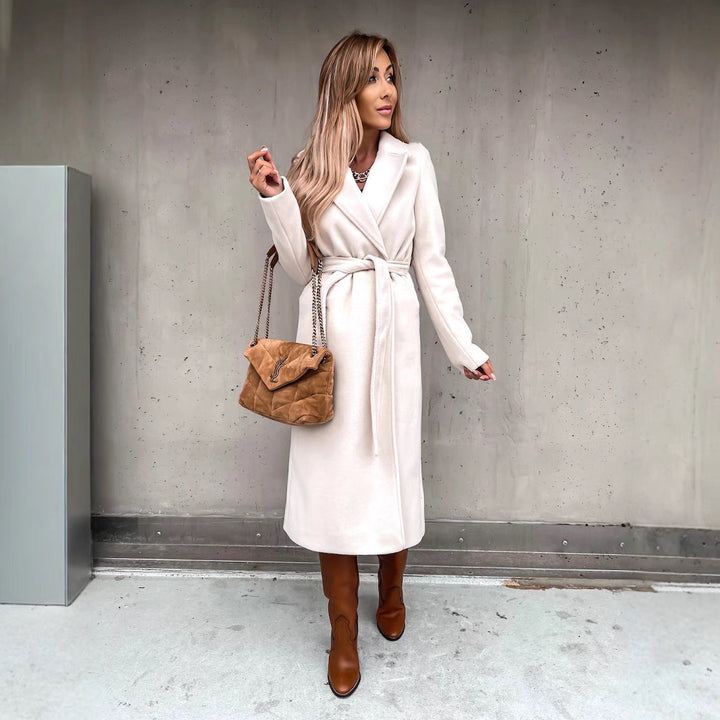 Damer elegant långärmad ullkappa med midjebälte Mirla-Eva Jonsson