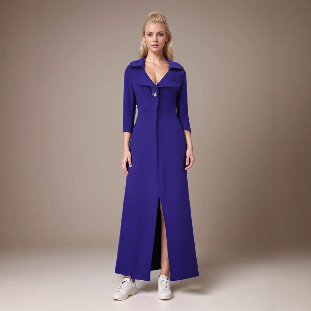 Damer elegant långrock med dubbel knappslå och djup krage Mirla-Eva Jonsson