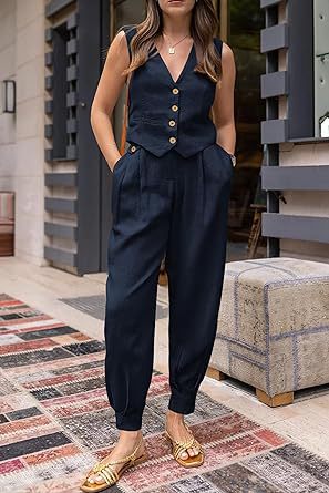 Damer elegant linne culotte set med ärmlös blazer Mirla-Eva Jonsson