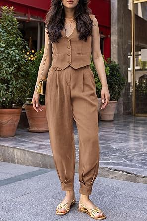 Damer elegant linne culotte set med ärmlös blazer Mirla-Eva Jonsson