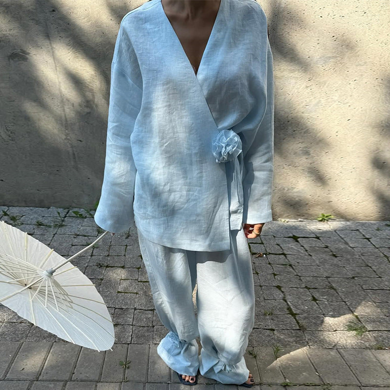 Damer elegant linne kostym med raffinerade volanger Mirla-Eva Jonsson