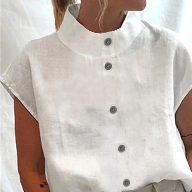 Damer elegant linne skjorta med stående krage och knappdetaljer Mirla-Eva Jonsson