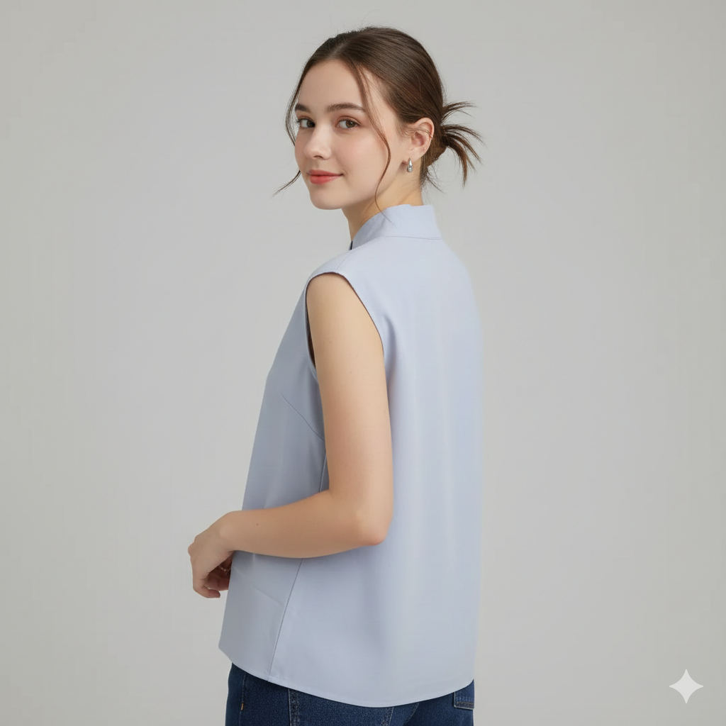 Damer elegant linne skjorta med stående krage och knappdetaljer Mirla-Eva Jonsson