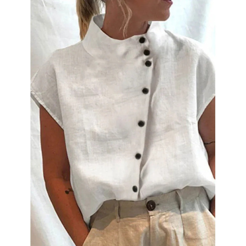 Damer elegant linne skjorta med stående krage och knappdetaljer Mirla-Eva Jonsson