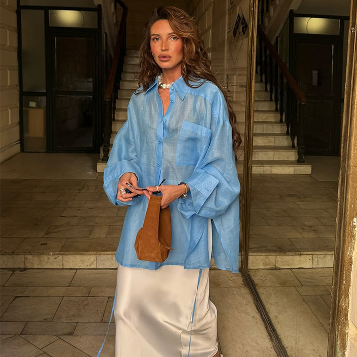 Damer elegant linneblus med knutstängning Mirla-Eva Jonsson