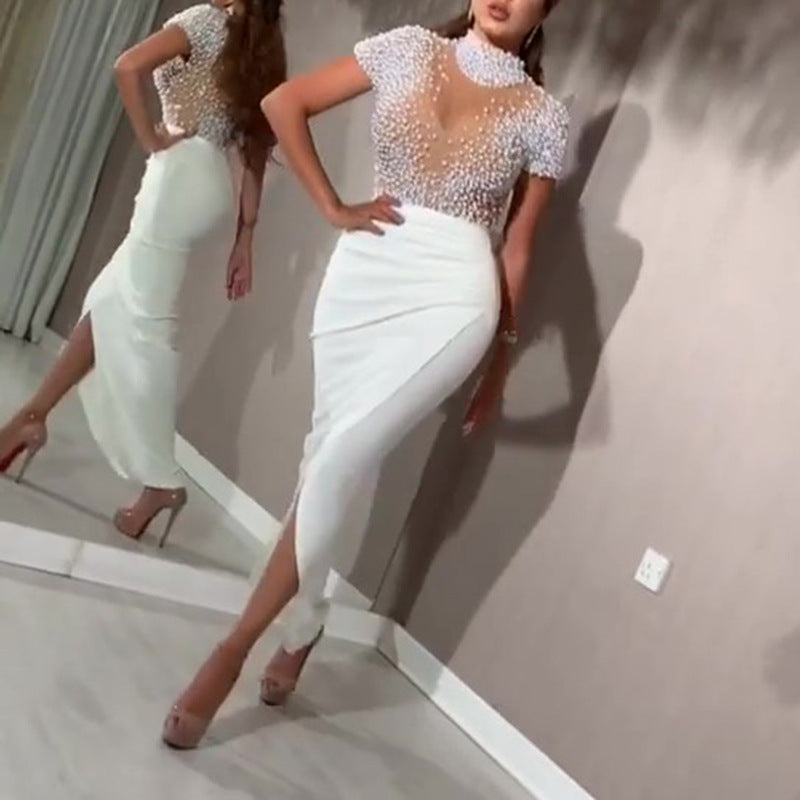 Damer elegant maxikjole med gennemsigtig overdel og skinnende perler Mirla-Eva Jonsson