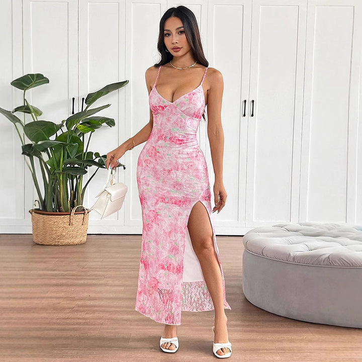 Damer elegant maxiklänning med blommönster och sidöppning Mirla-Eva Jonsson