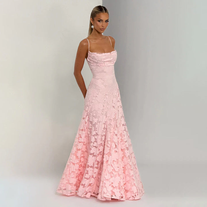 Damer elegant maxiklänning med delikat blommönster och spagettiband Mirla-Eva Jonsson