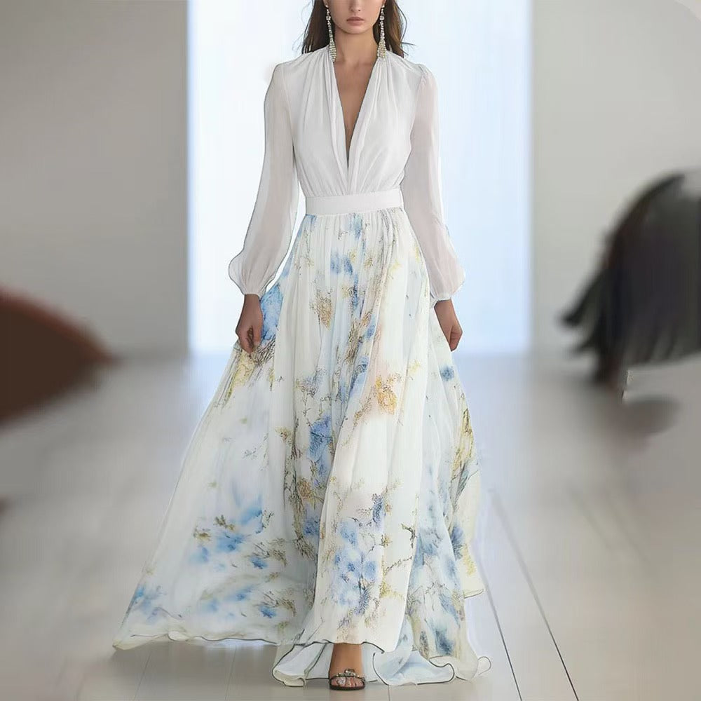 Damer elegant maxiklänning med flödande kjol och djup V-ringning Mirla-Eva Jonsson