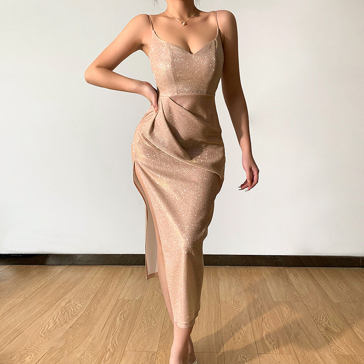 Damer elegant metallic-effekt midiklänning med spagettiband Mirla-Eva Jonsson