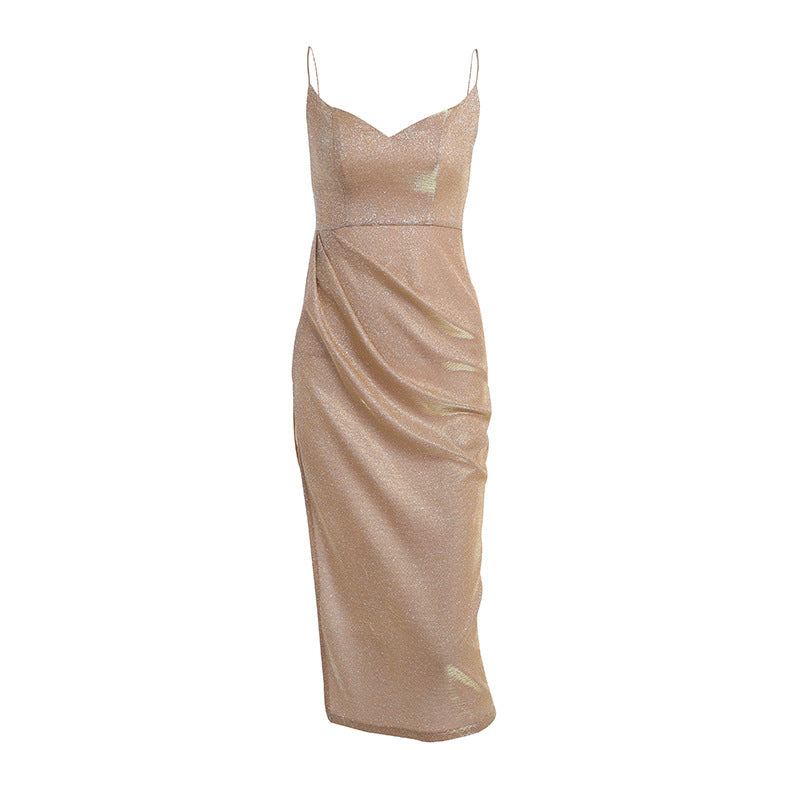 Damer elegant metallic-effekt midiklänning med spagettiband Mirla-Eva Jonsson