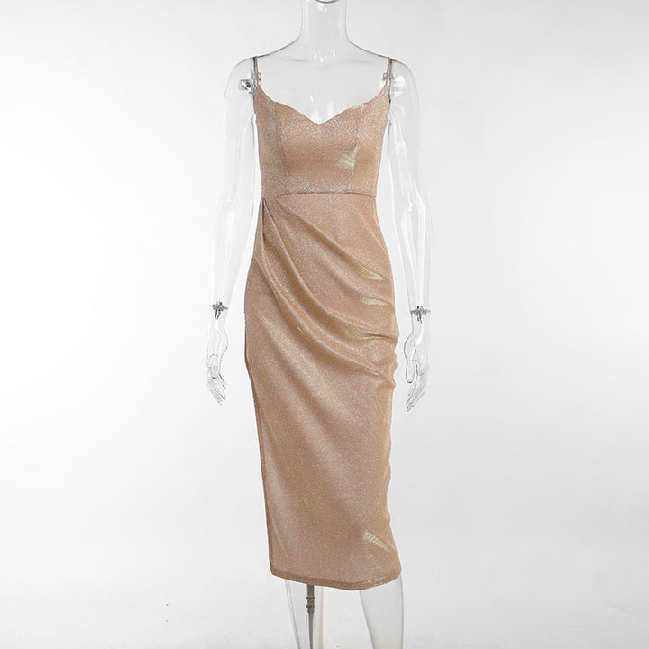 Damer elegant metallic-effekt midiklänning med spagettiband Mirla-Eva Jonsson