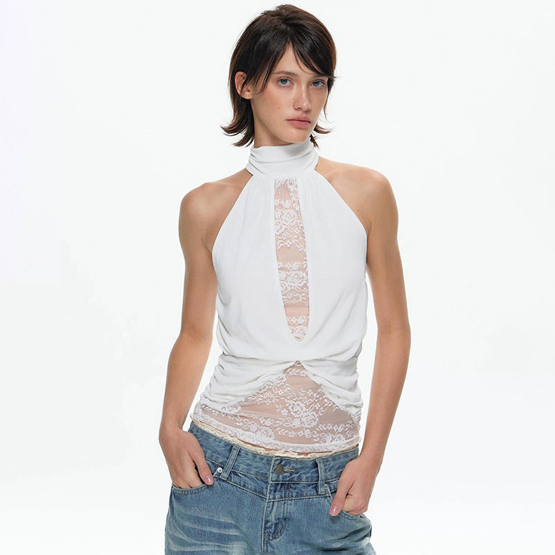 Damer elegant nackstöds-top med transparenta insatser och rynkning Mirla-Eva Jonsson
