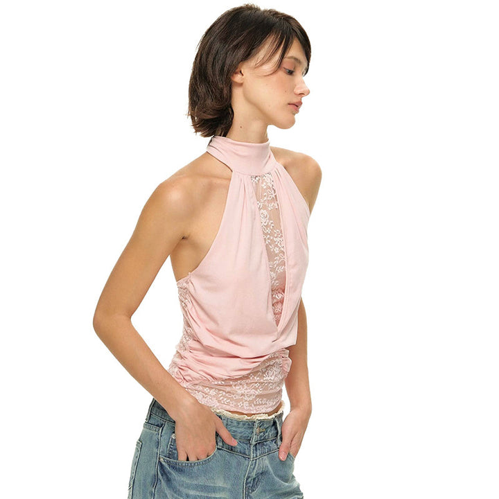 Damer elegant nackstöds-top med transparenta insatser och rynkning Mirla-Eva Jonsson
