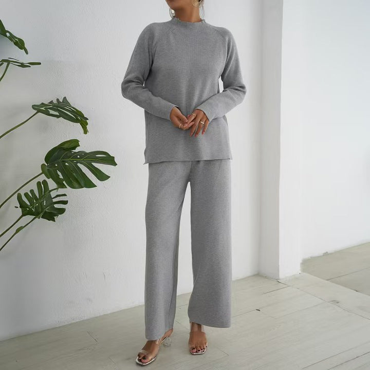Damer elegant och avslappnat stickat loungewear-set med hög krage och vida ben Mirla-Eva Jonsson