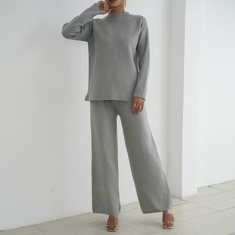 Damer elegant och avslappnat stickat loungewear-set med hög krage och vida ben Mirla-Eva Jonsson