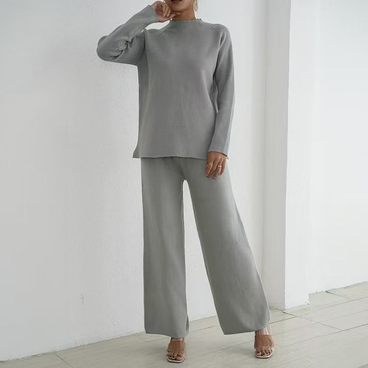 Damer elegant och avslappnat stickat loungewear-set med hög krage och vida ben Mirla-Eva Jonsson