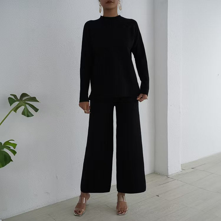 Damer elegant och avslappnat stickat loungewear-set med hög krage och vida ben Mirla-Eva Jonsson