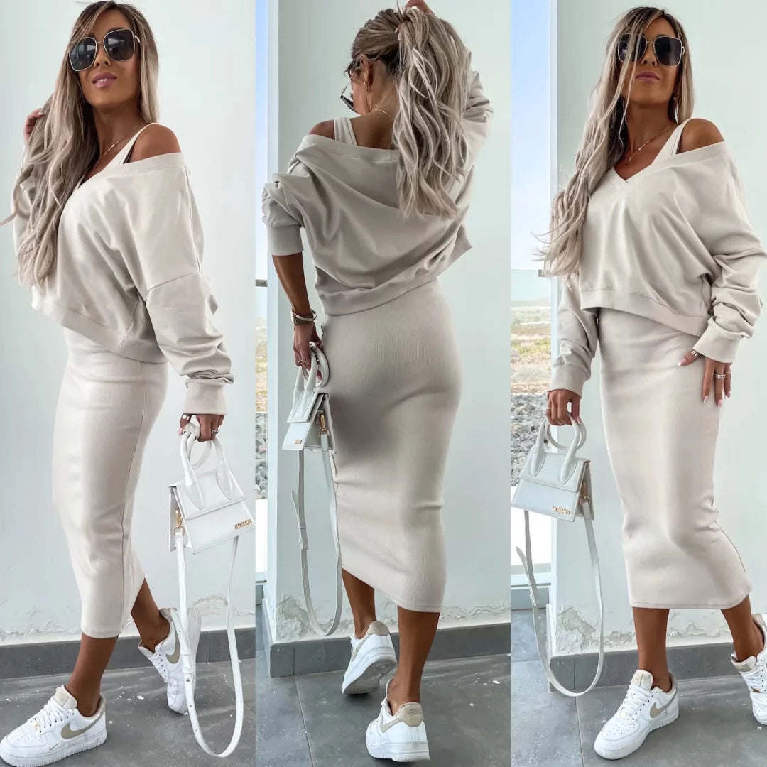 Damer elegant och avslappnat tvådelat set med V-ringning och vid topp Mirla-Eva Jonsson