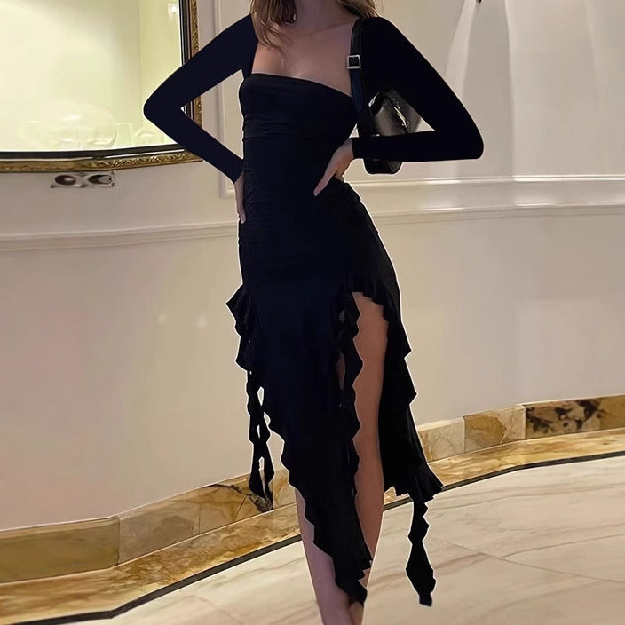 Damer elegant och figurnära aftonklänning med volanger och matchande överdel Eva Jonsson-Eva Jonsson