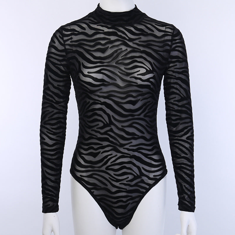 Damer elegant och genomskinlig långärmad bodysuit med zebra-design Mirla-Eva Jonsson