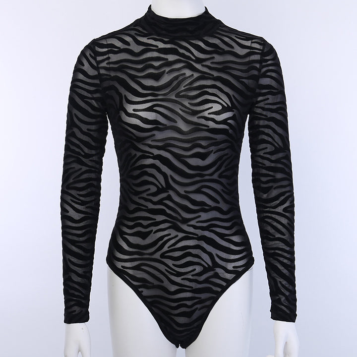 Damer elegant och genomskinlig långärmad bodysuit med zebra-design Mirla-Eva Jonsson
