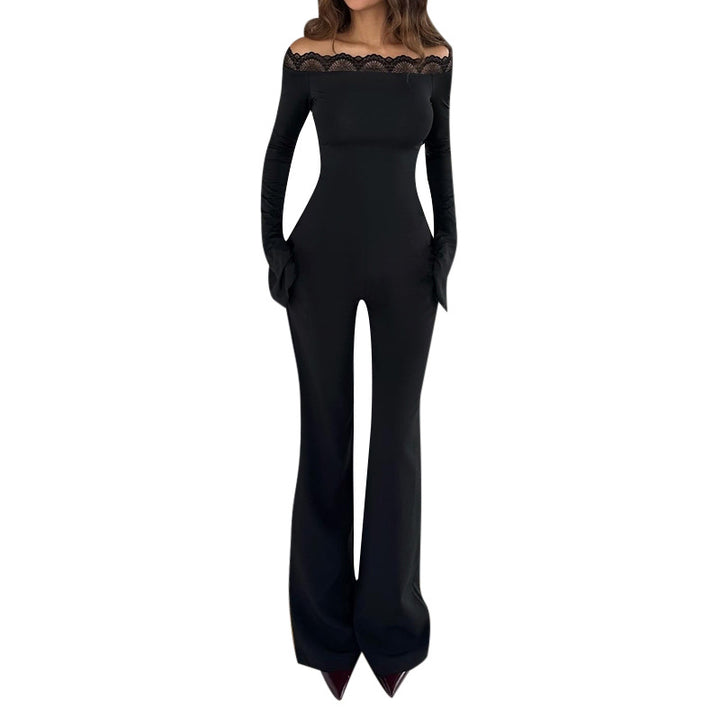 Damer elegant off-shoulder jumpsuit med spetsdetaljer och utsvängd ben Mirla-Eva Jonsson
