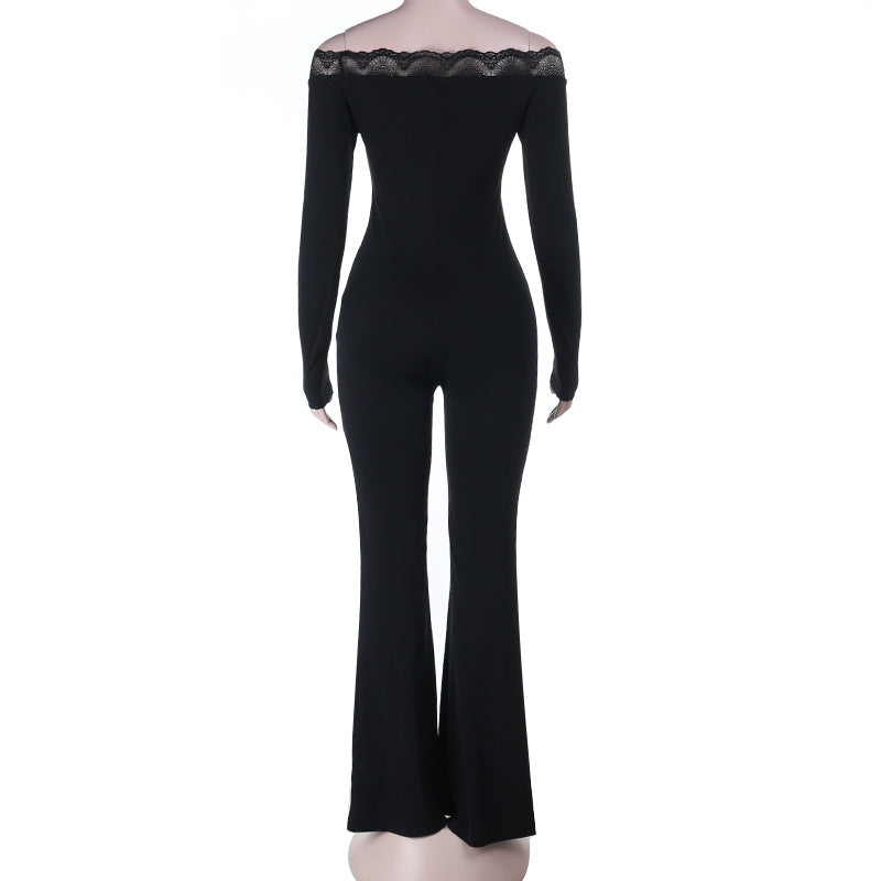 Damer elegant off-shoulder jumpsuit med spetsdetaljer och utsvängd ben Mirla-Eva Jonsson