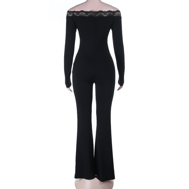 Damer elegant off-shoulder jumpsuit med spetsdetaljer och utsvängd ben Mirla-Eva Jonsson