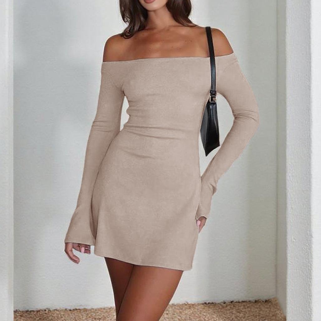 Damer elegant off-shoulder miniklänning med långa ärmar och figurnära passform Mirla-Eva Jonsson